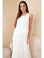 Dámský komplet z viskózy s topem bez rukávů a širokými kalhotami s ozdobným zakončením ecru