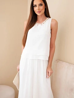 Dámský komplet z viskózy s topem bez rukávů a širokými kalhotami s ozdobným zakončením ecru