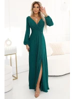 572-4 NELA třpytivé dlouhé šaty s výstřihem, dlouhými rukávy a rozparkem na nohou - BUTTER GREEN