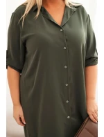 Dámská košilová šaty Plus Size s delším zadním dílem a ohrnovacími rukávy khaki