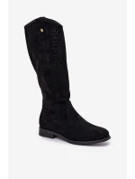 Kozáky Na Plochém Podpatku S Krajkovým Vzorem Černé S.Barski HY51-062 Kozáky Na Plochém Podpatku S Krajkovým Vzorem Černé S.Barski HY51-062