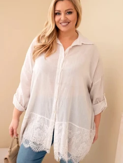 Dámská košile Plus Size bavlněná opraná s krajkovým zakončením béžová