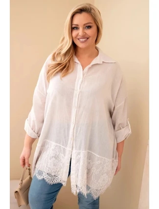 Dámská košile Plus Size bavlněná opraná s krajkovým zakončením béžová