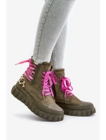 Dámské botky na platformě s ozdobným šněrováním leopardí zelené Edidda