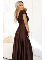 411-15 CRYSTAL saténové dlouhé šaty s výstřihem - čokoládové