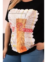 Dámská bavlněná halenka Plus Size s potiskem „Day Dream“ černá + oranžová