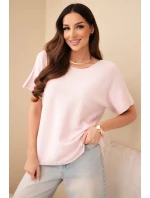 Dámský svetr s krátkým rukávem volného střihu pudrově růžový