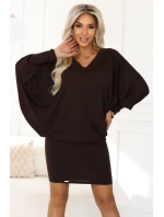 402-9 Pohodlné šaty s dlouhými rukávy - čokoládové