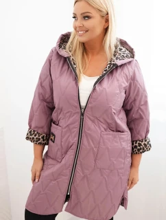 Dámská zimní prošívaná bunda Plus Size s podšívkou v leopardím vzoru a kapucí tmavě růžová