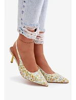 Zdobené dámské sandály na podpatku s květinovým vzorem Žluté Olivelle
