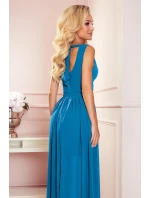 362-4 JUSTINE Dlouhé šaty s výstřihem a zavazováním - MODRÉ