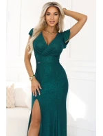 598-2 IRINA oslnivé dlouhé šaty s brokátem, obálkovým výstřihem a rozparkem na nohou - lahvově zelené 598-2 IRINA oslnivé dlouhé šaty s brokátem, obálkovým výstřihem a rozparkem na nohou - lahvově zelené