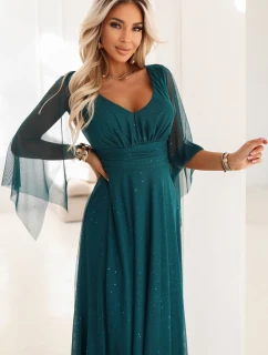 655-2 Dlouhé lehké třpytivé šaty s výstřihem a průhlednými rukávy - smaragdově zelené