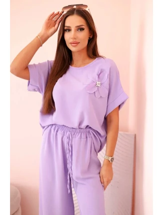 Dámský komplet z viskózy s ozdobným květem a širokými kalhotami - fuchsie světlá fialová