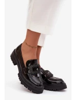 Lakované polobotky dámské mokasyny s ozdobnou sponou Černé Luvianne