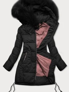 Černá prošívaná dámská zimní bunda s kapucí (7690)