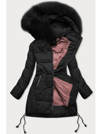 Černá prošívaná dámská zimní bunda s kapucí (7690)