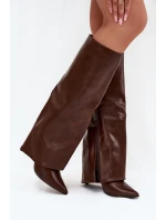 Zateplené Kozačky Na Jehlovém Podpatku S Otočeným Svrškem Čokoládové Tamonia