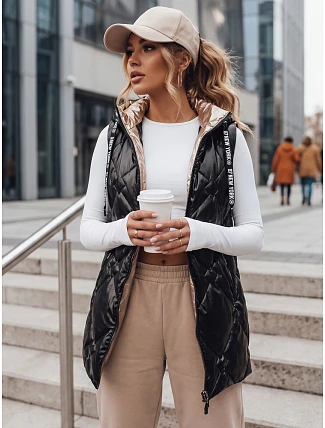Dlouhá dámská prošívaná vesta s kapucí, černá, FashionStreet TY5904 Dlouhá dámská prošívaná vesta s kapucí, černá, FashionStreet TY5904