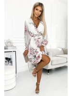 422-2 ROSETTA Dámské šaty s obálkovým výstřihem a páskem - WHITE IN ROSE