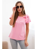 Dámská bavlněná halenka s mašlí na rameni a s potiskem světle růžová