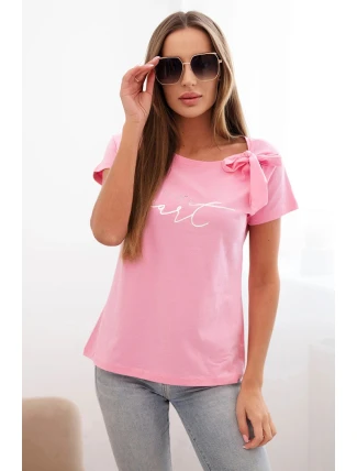 Dámská bavlněná halenka s mašlí na rameni a s potiskem světle růžová