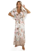 603-2 Vzdušné maxi šaty s obálkovým výstřihem a květinovým vzorem - Béžové růže