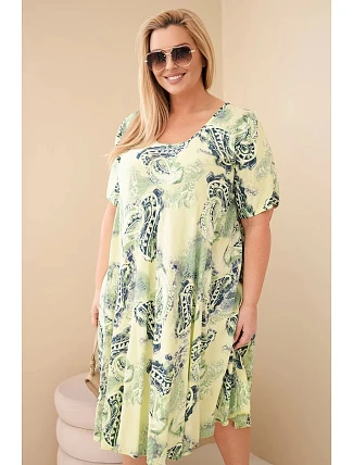 Dámské viskózové šaty pro plnoštíhlé s krátkým rukávem a paisley potiskem světle zelená