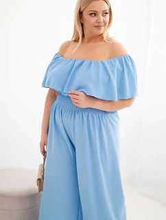 Dámský overal Plus Size s odhalenými rameny, s volánem a širokými nohavicemi modrý