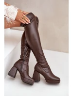 Přiléhavé kozačky nad kolena na podpatku tmavě hnědé Sanniraen