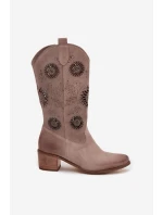 Semišové kožené dámské kozačky s perforovaným vzorem Zazoo 3852 Cappuccino