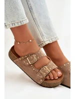 Dámské pantofle se zlatými sponkami a knoflíky Khaki Tervina