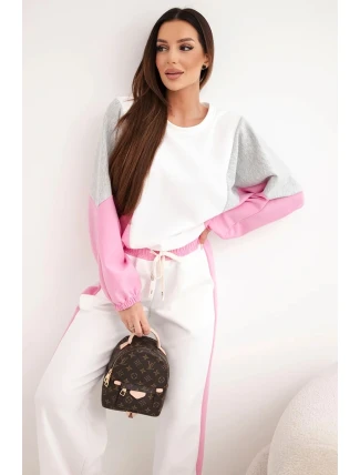 Dámská souprava s volnou mikinou a širokými kalhotami světle růžová