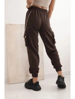 Dámské bavlněné cargo kalhoty s kapsami a řetízkem hnědé