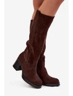 Dámské zimní kozačky na masivním podpatku čokoládové Sanelle