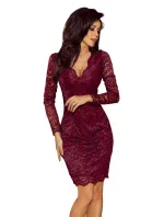 Dámské krajkové šaty v bordó barvě s dlouhými rukávy a výstřihem model 6394168