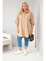 Dámská košile Plus Size z viskózy manšestrová s odepínacími rukávy camelová Dámská košile Plus Size z viskózy manšestrová s odepínacími rukávy camelová