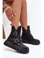 Kožené zateplené dámské kotníčkové boty na platformě s přezkami Vinceza 66842 Černé