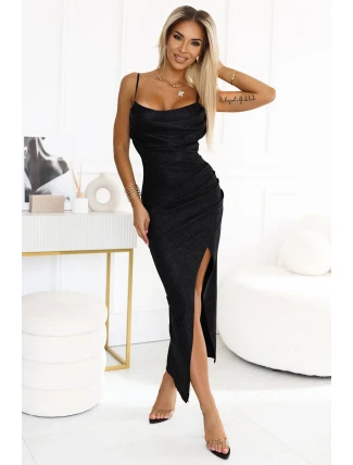 563-2 COSIMA Lesklé, fenomenální šaty s drapérií - ČERNÉ 563-2 COSIMA Lesklé, fenomenální šaty s drapérií - ČERNÉ