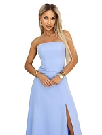 663-2 ELARA korzetové maxi šaty s rozparkem a zavazováním na zádech - modré 663-2 ELARA korzetové maxi šaty s rozparkem a zavazováním na zádech - modré