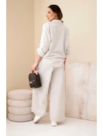Dámský bavlněný komplet s vázanou košilí a širokou nohavicí béžový