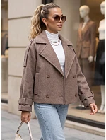 Krátký dámský dvouřadý kabát s páskem, béžový, FashionStreet NY0793 Krátký dámský dvouřadý kabát s páskem, béžový, FashionStreet NY0793