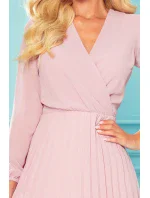 313-4 ISABELLE Plisované šaty s hlubokým výstřihem a dlouhými rukávy - Powder Pink