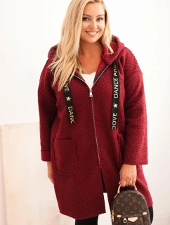 Dámský kabát Plus Size z umělého beránka s kapucí a kapsami bordový