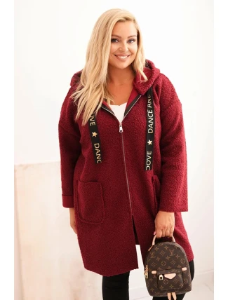 Dámský kabát Plus Size z umělého beránka s kapucí a kapsami bordový