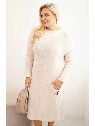 Dámská pletená svetrková šaty Plus Size s mohairovým oversized s kapsou béžová