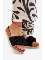 Dámské Pantofle Na Platformě S Ozdobnými Květinami Černé Tessara