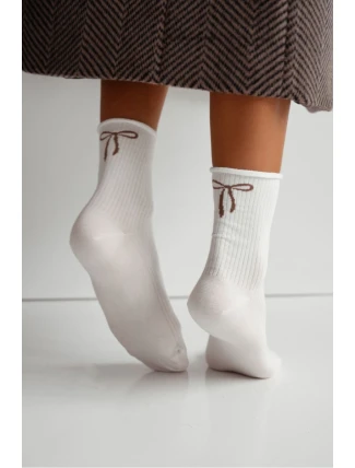 Dámské ponožky bez gumičky s žebrováním a mašličkou – ecru