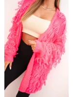 Dámský kardigan s třásněmi a volným střihem neonově růžový Dámský kardigan s třásněmi a volným střihem neonově růžový