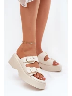 Dámské pantofle na platformě a klínu s přezkami světle béžové Nitarelia